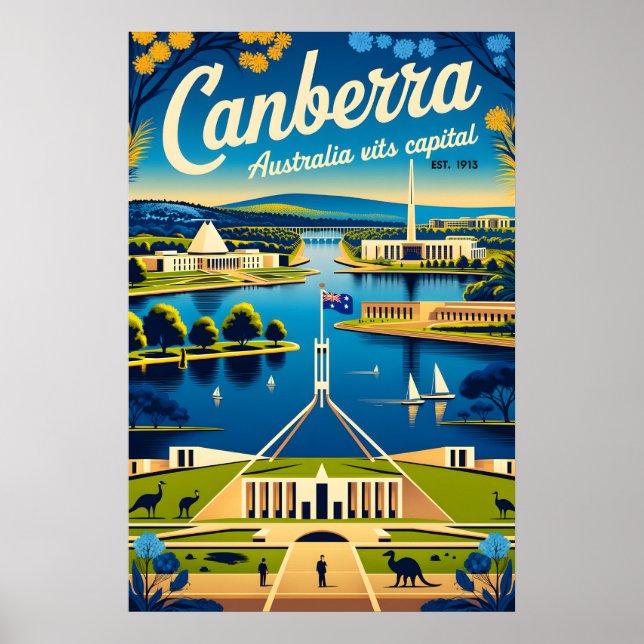 Arte de Poster de Viagem Retro Canberra Austrália (Frente)
