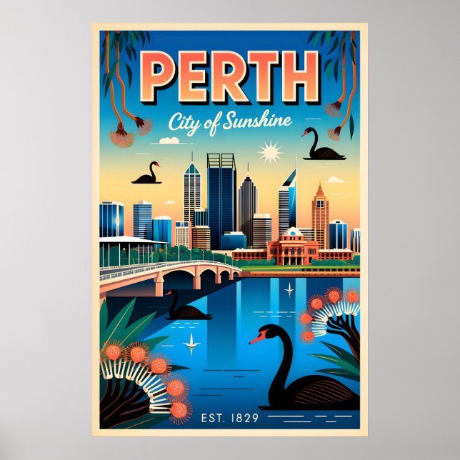 Arte de Poster de Viagem Retro de Perth Austrália (Frente)