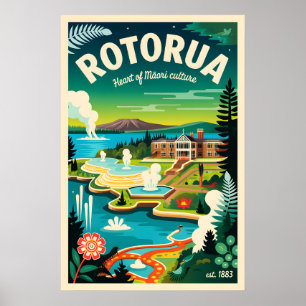 Arte de Poster de Viagem Retro de Rotorua Nova Zel