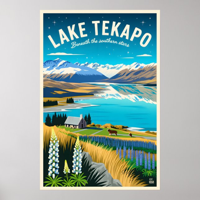 Arte de Poster de Viagem Retro do Lago Tekapo Nova (Frente)