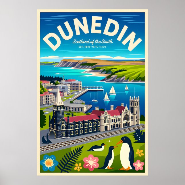 Arte de Poster de Viagem Retro Dunedin Nova Zelând (Frente)