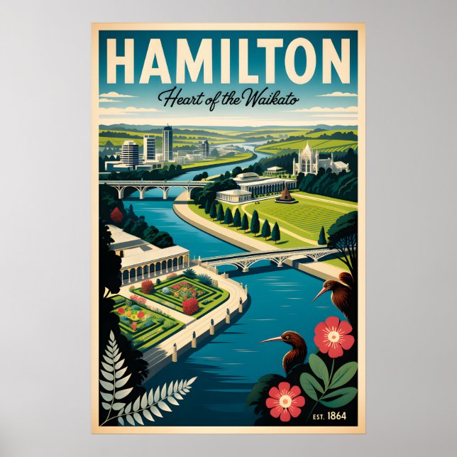 Arte de Poster de Viagem Retro Hamilton Nova Zelân (Frente)