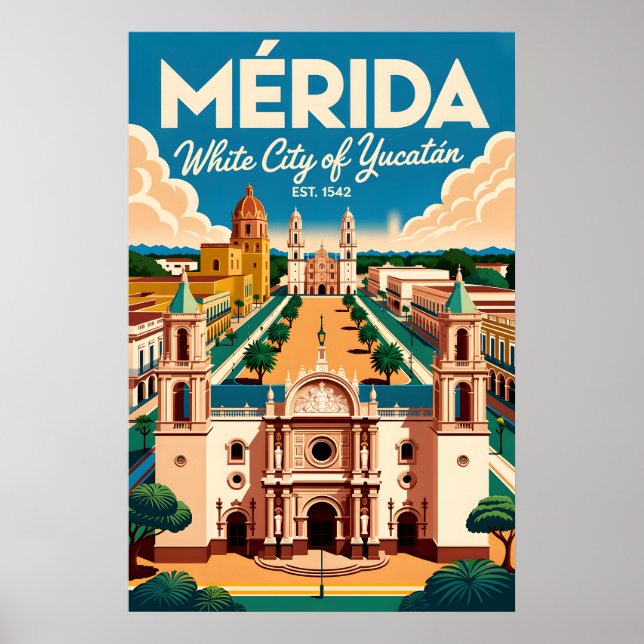 Arte de Poster de Viagem Retro Mérida México (Frente)