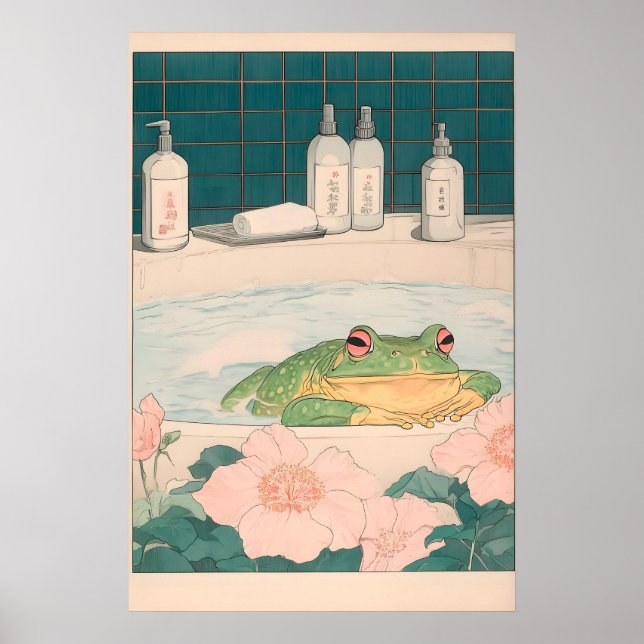 Arte de Sapo na Banheira Impressão Japandi Parede  (Frente)