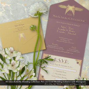Arte Deco Borboleta Monograma Dourado Casamento Ro