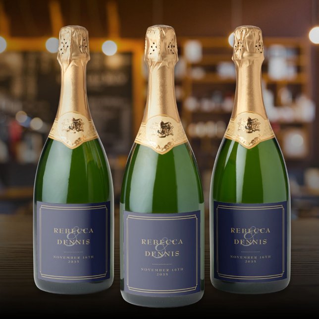 Arte Deco Chic Elegante Azul Marinho e Dourado Cas (Elegant Chic Art Deco Navy Blue And Gold Wedding Sparkling Wine Label)