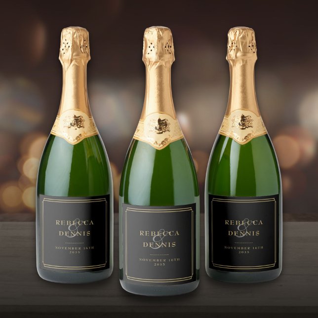 Arte Deco Clássico Elegante Casamento Preto e Dour (Elegant Classic Art Deco Black And Gold Wedding Sparkling Wine Label)