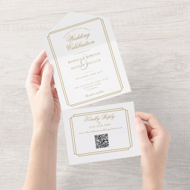 Arte Deco de Código QR Monograma Casamento Dourado (Aba destacável)