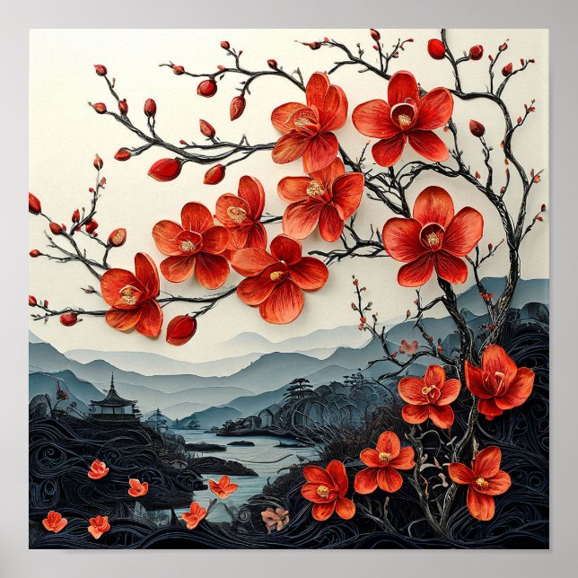 Arte em papel de árvore Sakura Impressão de Cereje (Frente)