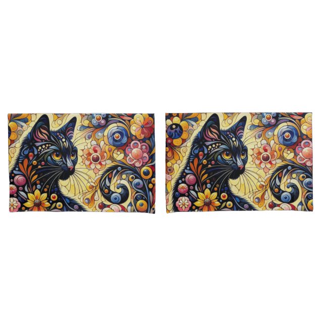 Arte Floral Abstrato de Gato Negro (Frente - conjunto)