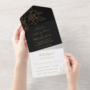 Arte Floral Negra e Dourada de Linha Elegante