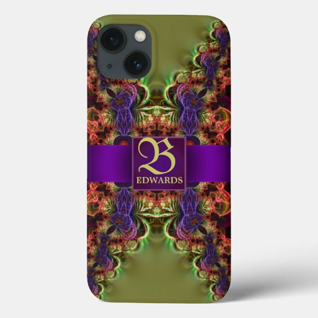 Arte Fractal de Renda Floresta Outonal Verde Roxo (Verso)