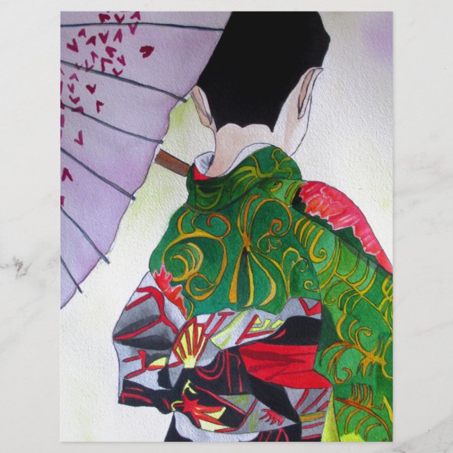 Arte japonesa Geisha com kimono e guarda-chuva (Frente)