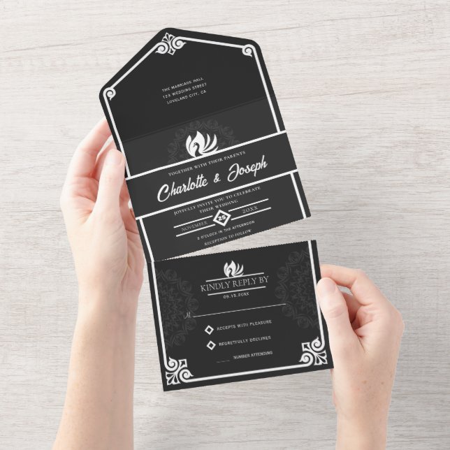 Arte Moderna Deco Swan Casamento Branco e Negro (Aba destacável)