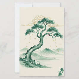 Arte Sumi-e Tinta Lavada Verde e Dourado