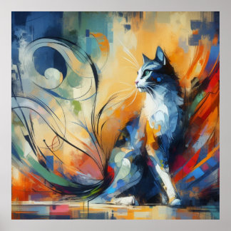 Arte vibrante de gato abstrato em impressão de par