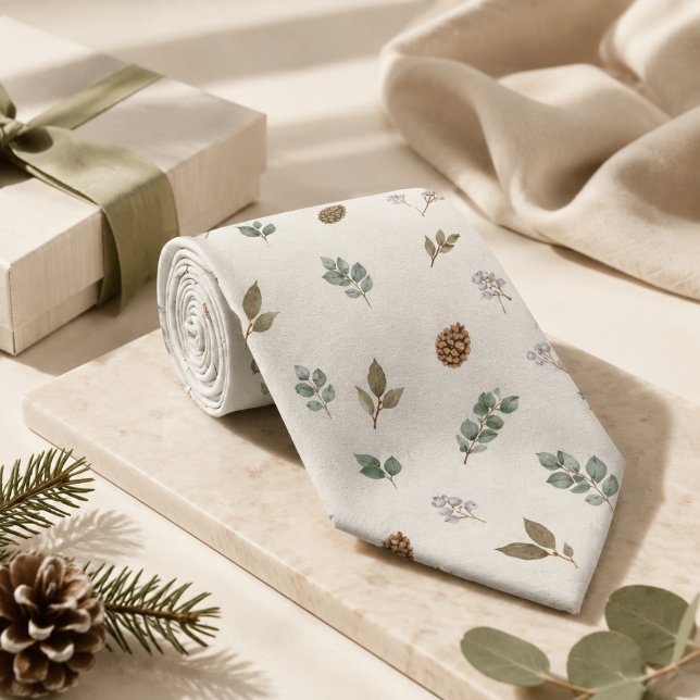 Artisan Inverno Botânico Elegante Gravata Verde Sa (Watercolor Botanical Sage Ivory Winter Groomsmen Holiday Formal Ties)
