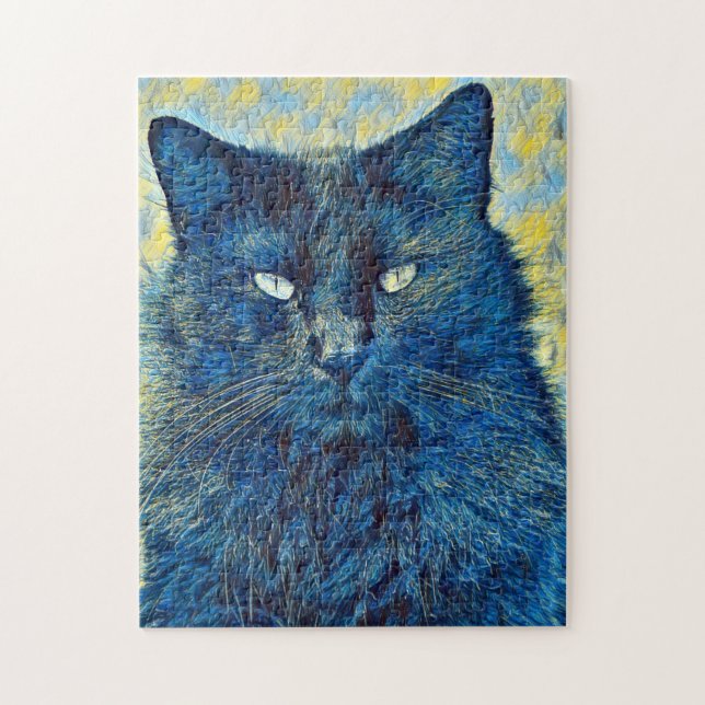 Artsy Black Cat em Blue Quebra-cabeça (Vertical)