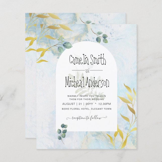 Arty Greenery Dourado Convite para Casamento (Frente/Verso)