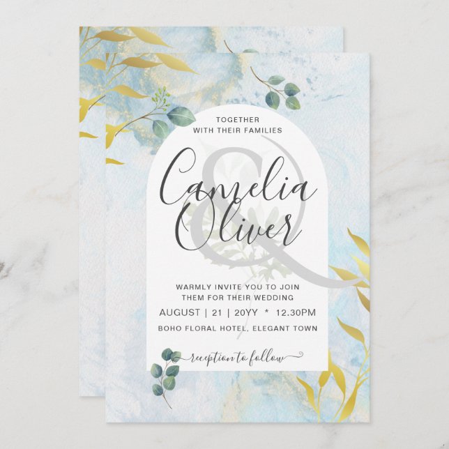 Arty Greenery Dourado Convite para Casamento (Frente/Verso)