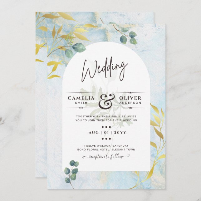 Arty Greenery Dourado Convite para Casamento (Frente/Verso)