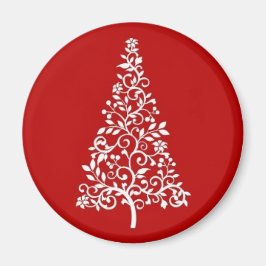 Árvore branca de Natal em íman vermelho redondo