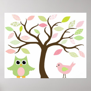 Árvore, coruja e poster de pássaros para o quart