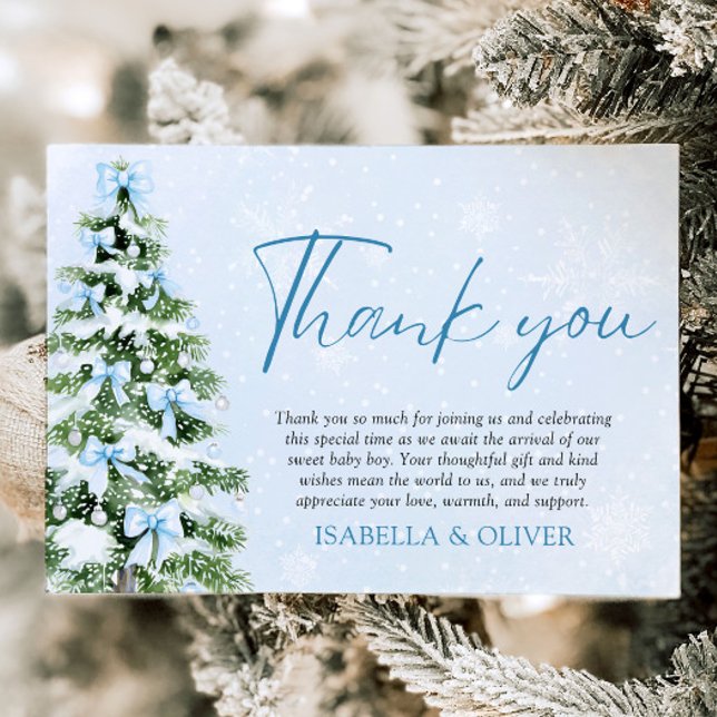 Árvore de Natal com Laços Azuis Cartão de agradeci (Blue Bows Christmas Tree Winter Thank you card)