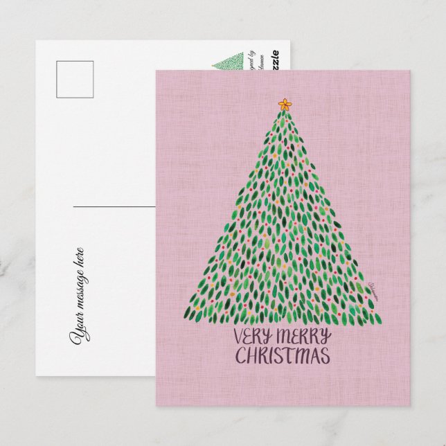 Árvore de Natal Muito Alegre em Cartão Postal Rosa (Frente/Verso)