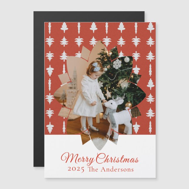 Árvore de Natal Vermelha Foto Feriado Magnético  (Frente/Verso)