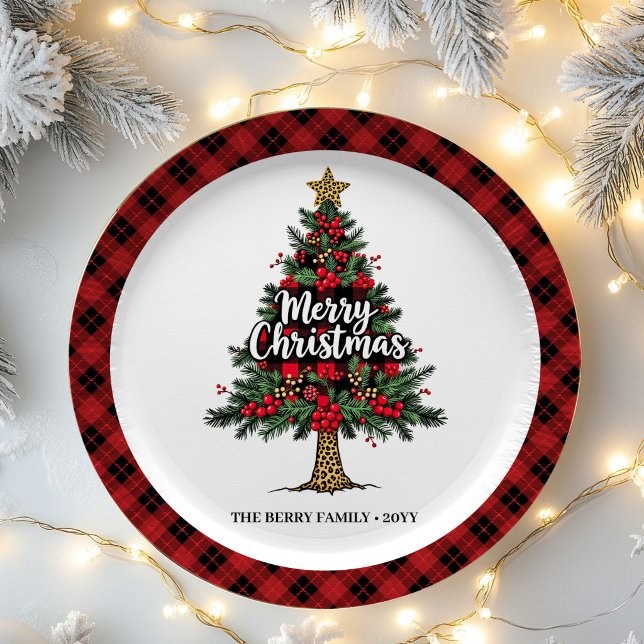Árvore de Natal Xadrez Artístico Prato de Papel No (Artistic Plaid Tree Holiday Custom Name Paper Plates)