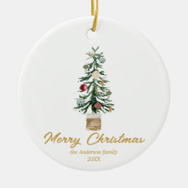 Árvore de ornamentos Dourados de Aquarela Feliz Na