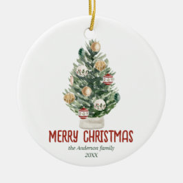 Árvore de ornamentos verdes em aquarela Feliz Nata