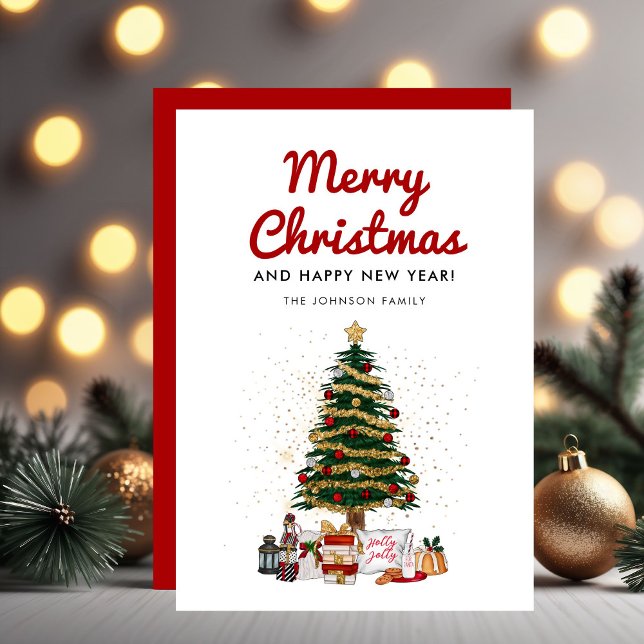 Árvore de Pinho Cinto Feliz Natal (Cute Pine Tree Script Merry Christmas Holiday Card)