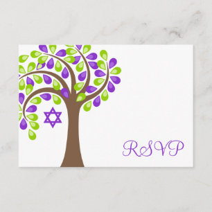 Árvore Moderna da Vida Bat Verde Roxo Mitzvah RSVP