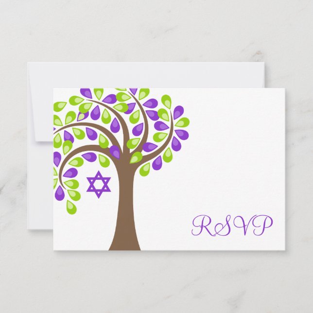 Árvore Moderna da Vida Bat Verde Roxo Mitzvah RSVP (Frente)