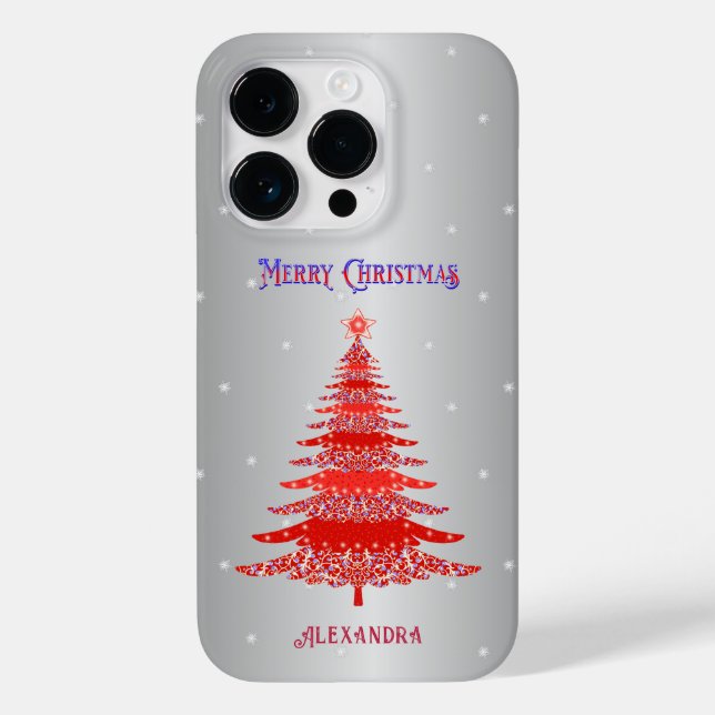Árvore Natal Elegante Nome Vermelho Snowflakes Sil (Verso)