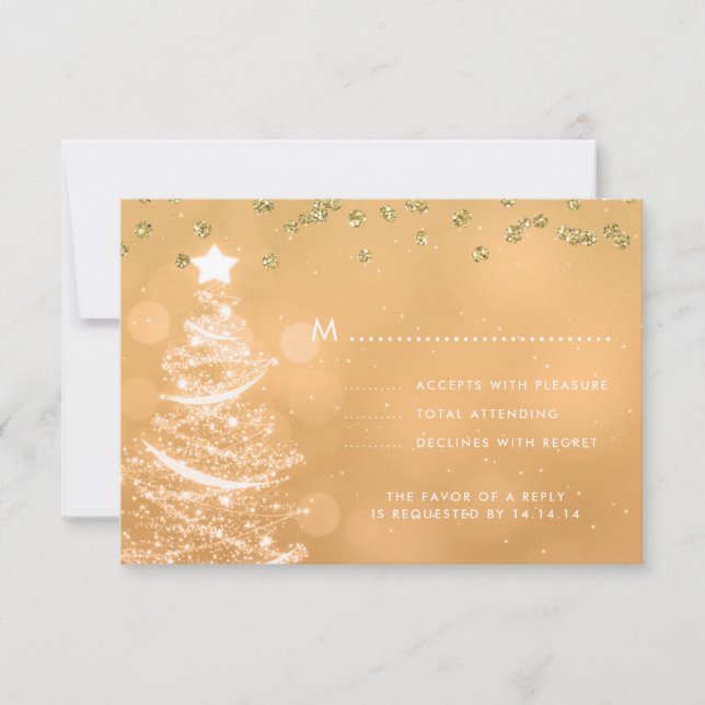 Árvore Sparkle RSVP de Casamento de Natal Dourada (Frente)