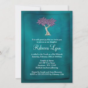 Árvore Teal Roxa de Vida Bat Mitzvah Convites