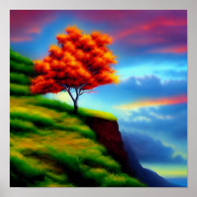 Árvore Vermelha em um Cliff no Sunset Poster (Frente)