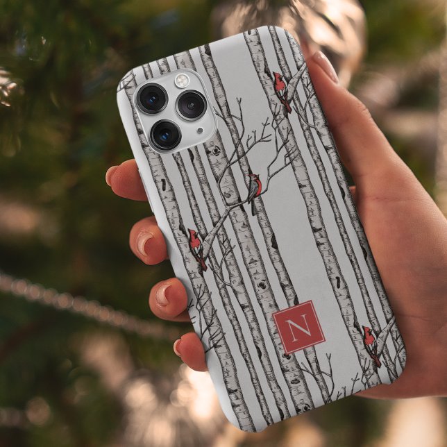 Árvores de Aves e Aves Cardinais Vermelhas Monogra (Modern Hand-Drawn Birch Trees with Red Cardinal Birds Perched on Branches. Personalize with Monogram)