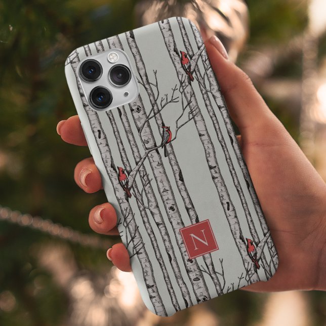 Árvores de Aves e Aves Cardinais Vermelhas Monogra (Modern Hand-Drawn Birch Trees with Red Cardinal Birds Perched on Branches. Personalize with Monogram)