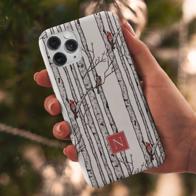 Árvores de Aves e Aves Cardinais Vermelhas Monogra (Modern Hand-Drawn Birch Trees with Red Cardinal Birds Perched on Branches. Personalize with Monogram)