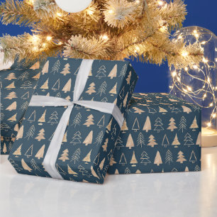 Árvores de Natal Douradas Papel de Embrulho Azul M