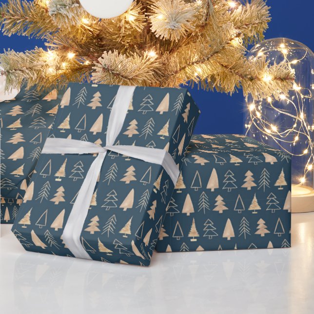 Árvores de Natal Douradas Papel de Embrulho Azul M (Feriados)