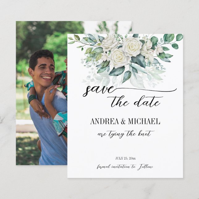 As rosas brancas de eucalipto verde salvam a data (Frente/Verso)