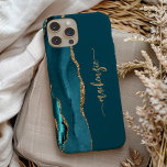 Assinatura Personalizada: Teal Blue Agate<br><div class="desc">Personalize este elegante design moderno com o seu nome no guião vertical de escrita manual de assinatura dourada num fundo azul-lacrimogêneo com uma borda de cor azul-lacrimogênea cortada com brilho dourado. (Para manter as cinzas no início e no fim do nome, substitua apenas as letras, deixando os símbolos no lugar.)...</div>