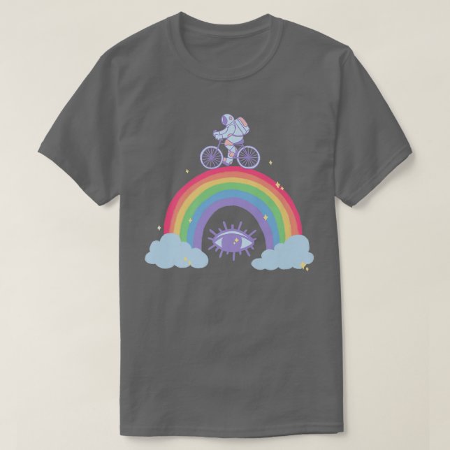 Astronauta Ciclando Boho Arco-Íris Premium T-Shirt (Frente do Design)