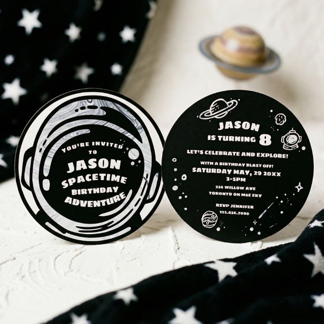 Astronauta do Espaço Branco Negro Convites de Aniv (Black White Space Astronaut Birthday Invitations)
