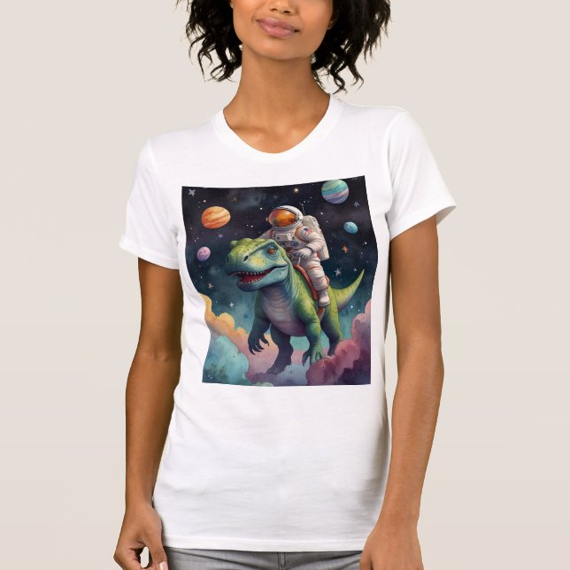 Astronauta sobre Dino na Camiseta Espacial (Frente)
